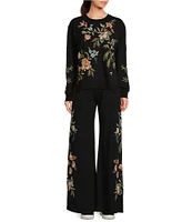 JOHNNY WAS Julianna Placement Floral Embroidered Knit Wide Leg Pants