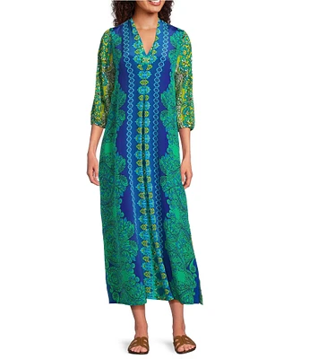 JOHNNY WAS Kahinu Silk Ornate Print V-Neck 3/4 Sleeve Maxi Caftan Dress