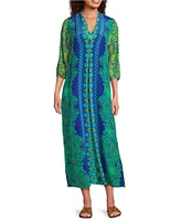 JOHNNY WAS Kahinu Silk Ornate Print V-Neck 3/4 Sleeve Maxi Caftan Dress