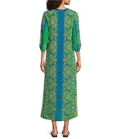 JOHNNY WAS Kahinu Silk Ornate Print V-Neck 3/4 Sleeve Maxi Caftan Dress