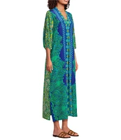 JOHNNY WAS Kahinu Silk Ornate Print V-Neck 3/4 Sleeve Maxi Caftan Dress