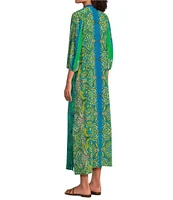 JOHNNY WAS Kahinu Silk Ornate Print V-Neck 3/4 Sleeve Maxi Caftan Dress