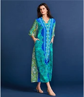 JOHNNY WAS Kahinu Silk Ornate Print V-Neck 3/4 Sleeve Maxi Caftan Dress