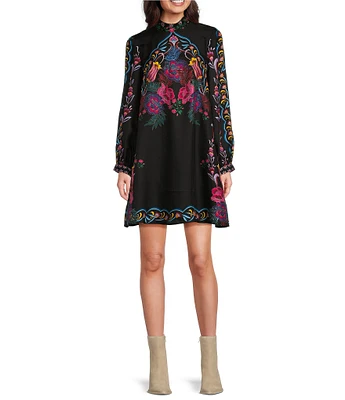 JOHNNY WAS Kalova Exotic Placement Print Silk-Blend Band Collar Long Sleeve Shift Dress