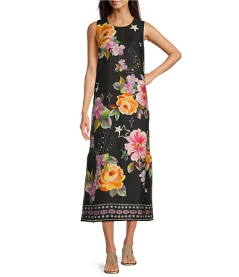 JOHNNY WAS Karolina Placement Floral Border Print Round Neck Sleeveless A-Line Midi Dress