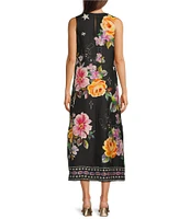 JOHNNY WAS Karolina Placement Floral Border Print Round Neck Sleeveless A-Line Midi Dress