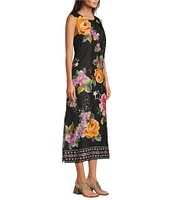 JOHNNY WAS Karolina Placement Floral Border Print Round Neck Sleeveless A-Line Midi Dress