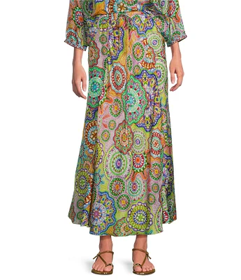 JOHNNY WAS Coordinating Kiki Silk Napperon Print A-Line Pull-On Coordinating Skirt