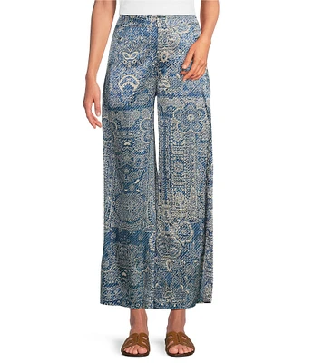 JOHNNY WAS Lauchlen Dolce Boho Print Stretch Silk Wide Leg Pull-On Pants