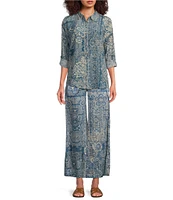 JOHNNY WAS Lauchlen Dolce Boho Print Stretch Silk Wide Leg Pull-On Pants