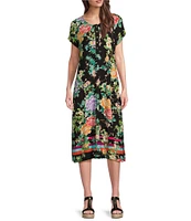 JOHNNY WAS Le Jardin Floral Scarf Print Knit Jersey Henley Round Neck Short Sleeve Midi Shift Dress