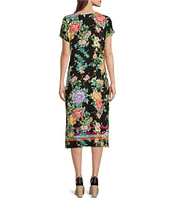 JOHNNY WAS Le Jardin Floral Scarf Print Knit Jersey Henley Round Neck Short Sleeve Midi Shift Dress