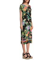 JOHNNY WAS Le Jardin Floral Scarf Print Knit Jersey Henley Round Neck Short Sleeve Midi Shift Dress