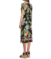 JOHNNY WAS Le Jardin Floral Scarf Print Knit Jersey Henley Round Neck Short Sleeve Midi Shift Dress