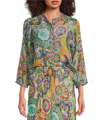 JOHNNY WAS Coordinating Leena Silk Napperon Print Split V-Neck 3/4 Sleeve Tunic