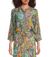 JOHNNY WAS Coordinating Leena Silk Napperon Print Split V-Neck 3/4 Sleeve Tunic