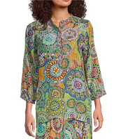 JOHNNY WAS Coordinating Leena Silk Napperon Print Split V-Neck 3/4 Sleeve Tunic
