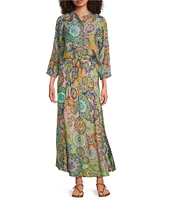 JOHNNY WAS Coordinating Leena Silk Napperon Print Split V-Neck 3/4 Sleeve Tunic