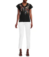 JOHNNY WAS Lissa Embroidered Floral Print Cotton Knit Jersey V-Neck Short Flutter Sleeve Tee Shirt