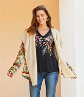 JOHNNY WAS Lissa Embroidered Floral Print Cotton Knit Jersey V-Neck Short Flutter Sleeve Tee Shirt