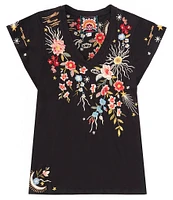 JOHNNY WAS Lissa Embroidered Floral Print Cotton Knit Jersey V-Neck Short Flutter Sleeve Tee Shirt