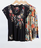 JOHNNY WAS Lissa Embroidered Floral Print Cotton Knit Jersey V-Neck Short Flutter Sleeve Tee Shirt