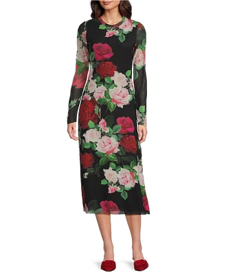 JOHNNY WAS Lolia Mesh Knit Floral Crew Neck Long Sleeve Sheath Midi Dress