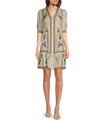 JOHNNY WAS Loren Floral Border Print Silk-Blend V-Neck Elbow Sleeve A-Line Dress