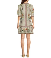 JOHNNY WAS Loren Floral Border Print Silk-Blend V-Neck Elbow Sleeve A-Line Dress