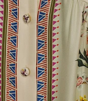 JOHNNY WAS Loren Floral Border Print Silk-Blend V-Neck Elbow Sleeve A-Line Dress