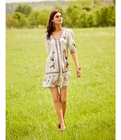 JOHNNY WAS Loren Floral Border Print Silk-Blend V-Neck Elbow Sleeve A-Line Dress