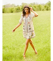 JOHNNY WAS Loren Floral Border Print Silk-Blend V-Neck Elbow Sleeve A-Line Dress