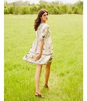 JOHNNY WAS Loren Floral Border Print Silk-Blend V-Neck Elbow Sleeve A-Line Dress