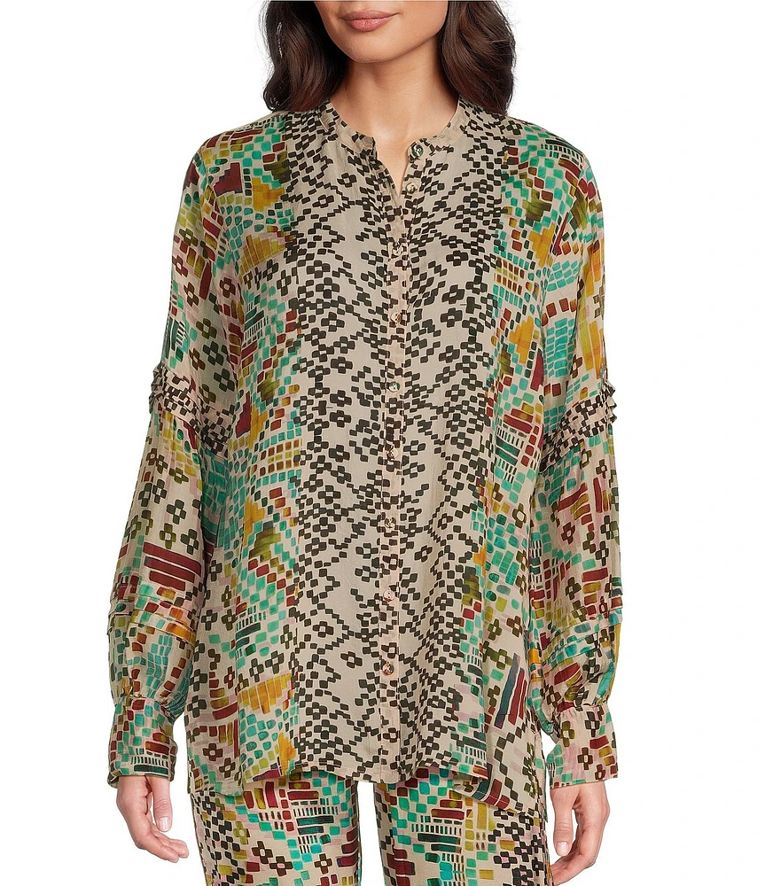 JOHNNY WAS Malina Printed Woven Banded Collar Long Sleeve Blouse