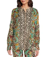 JOHNNY WAS Malina Printed Woven Banded Collar Long Sleeve Blouse