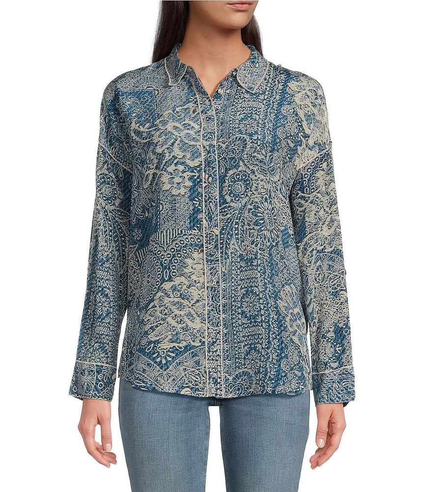 JOHNNY WAS Martijn Silk Printed Point Collar Long Sleeve Button Front Shirt