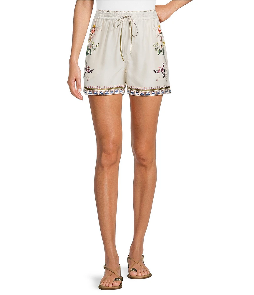 JOHNNY WAS Mayvis Floral Border Print Silk Blend Elastic Waist Drawstring Coordinating Shorts