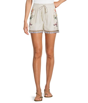 JOHNNY WAS Mayvis Floral Border Print Silk Blend Elastic Waist Drawstring Coordinating Shorts