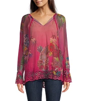 JOHNNY WAS Mazzy Floral Print Contrast Embroidered Mesh Split V-Neck Long Sleeve Peasant Blouse