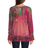 JOHNNY WAS Mazzy Floral Print Contrast Embroidered Mesh Split V-Neck Long Sleeve Peasant Blouse