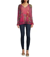 JOHNNY WAS Mazzy Floral Print Contrast Embroidered Mesh Split V-Neck Long Sleeve Peasant Blouse