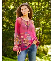 JOHNNY WAS Mazzy Floral Print Contrast Embroidered Mesh Split V-Neck Long Sleeve Peasant Blouse