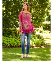 JOHNNY WAS Mazzy Floral Print Contrast Embroidered Mesh Split V-Neck Long Sleeve Peasant Blouse