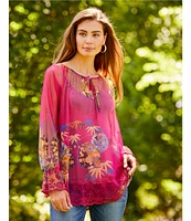 JOHNNY WAS Mazzy Floral Print Contrast Embroidered Mesh Split V-Neck Long Sleeve Peasant Blouse