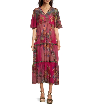 JOHNNY WAS Mazzy Floral Print Mesh V-Neck Short Flutter Sleeve Tiered Midi Dress