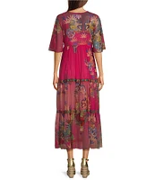 JOHNNY WAS Mazzy Floral Print Mesh V-Neck Short Flutter Sleeve Tiered Midi Dress