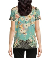 JOHNNY WAS Millay Floral Print Crew Neck Short Sleeve Bamboo Knit Jersey Tee Shirt