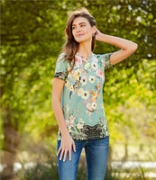 JOHNNY WAS Millay Floral Print Crew Neck Short Sleeve Bamboo Knit Jersey Tee Shirt