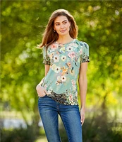 JOHNNY WAS Millay Floral Print Crew Neck Short Sleeve Bamboo Knit Jersey Tee Shirt