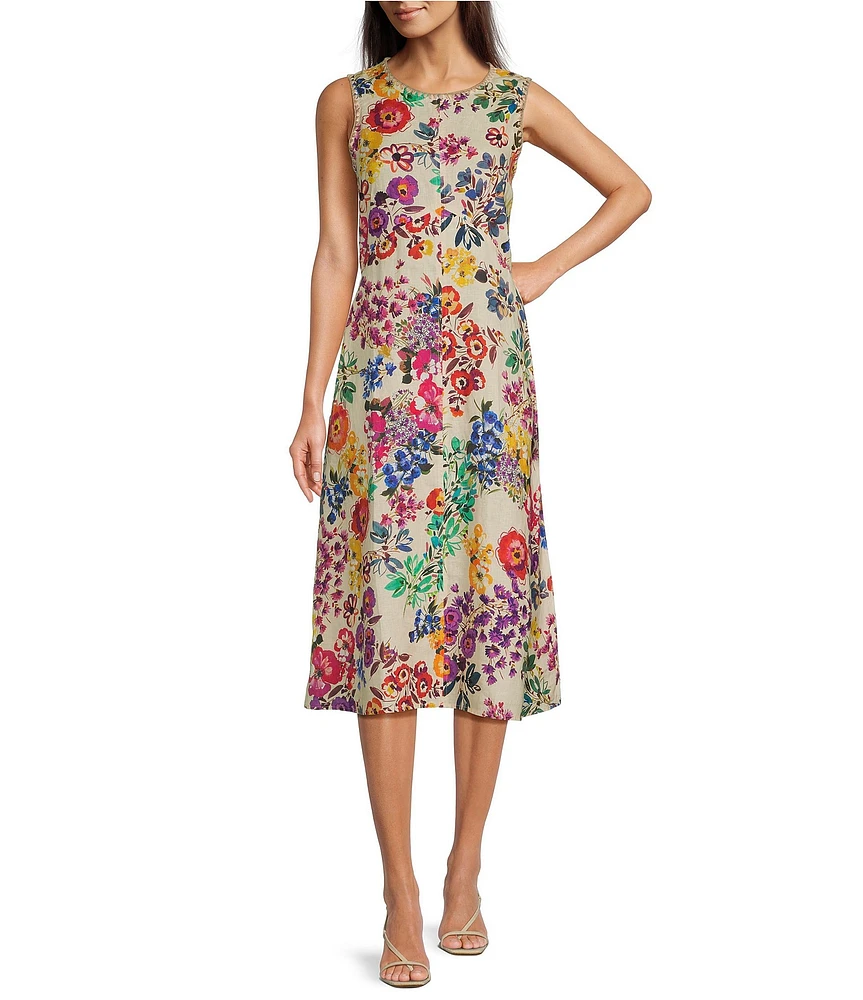JOHNNY WAS Mixed Floral Printed Linen Crochet Trim Detail Round Neck Sleeveless A-Line Midi Dress